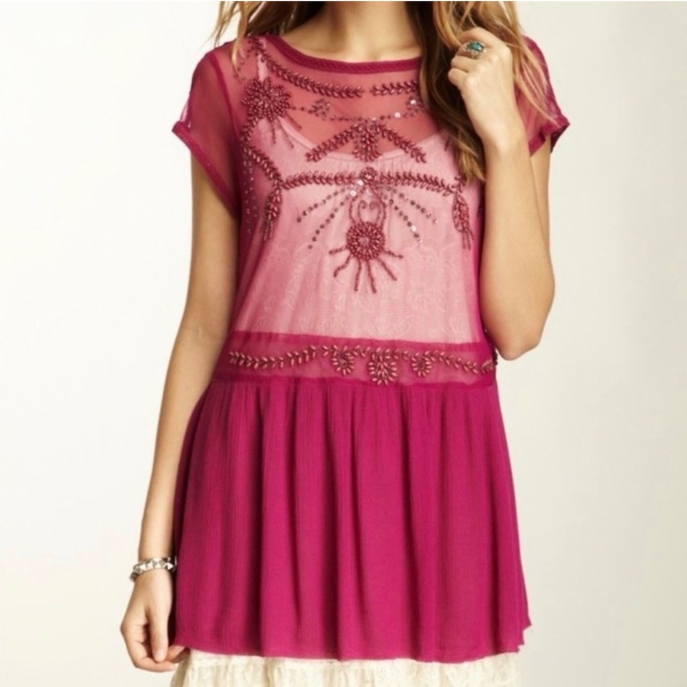 Free People Beaded Sheer Mesh & Gauze Tunic Top - Magenta - Picture 4 of 5